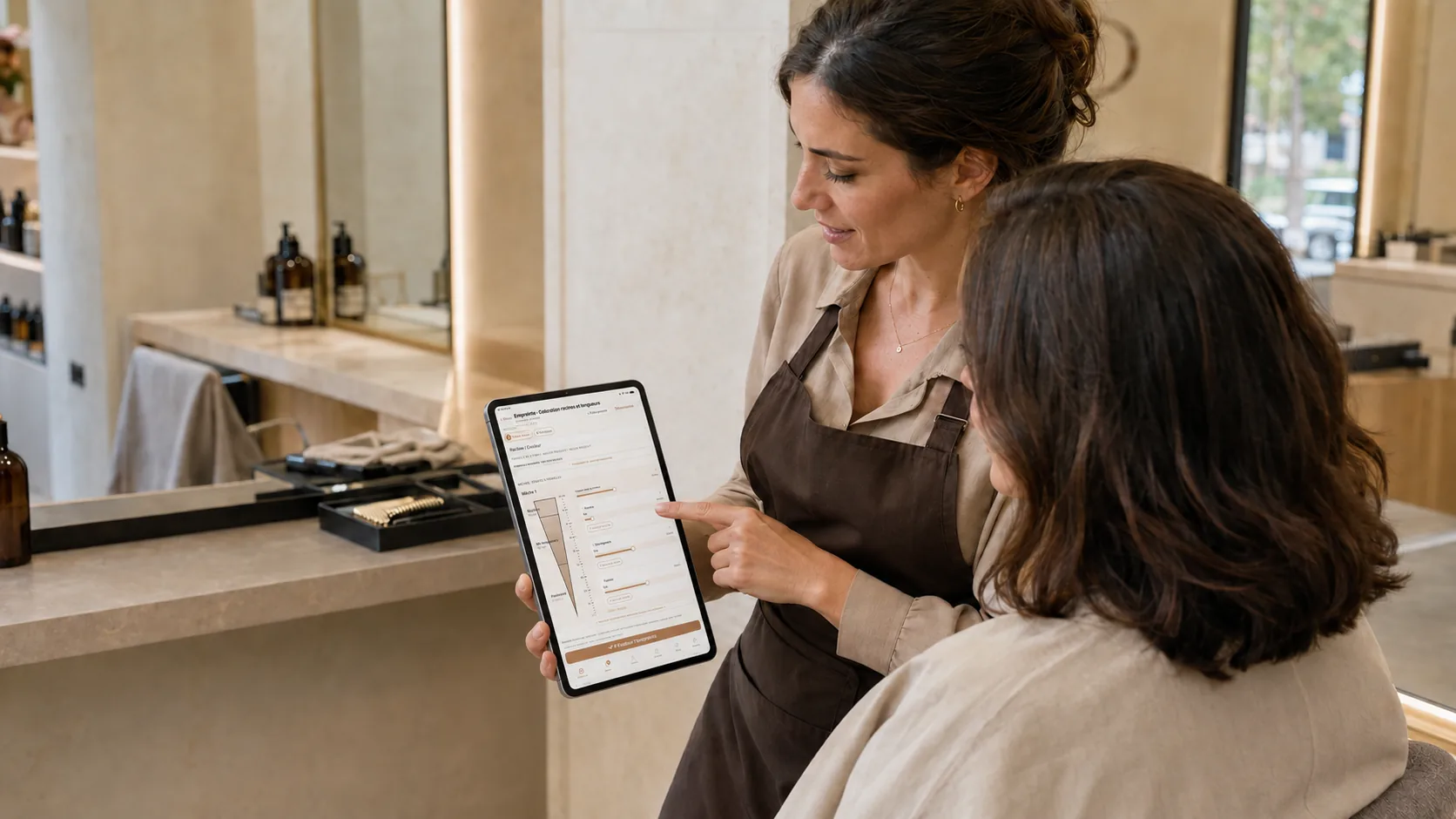 Une coloriste présente l'empreinte technique de sa cliente sur l'iPad KolorBar, dans le salon.