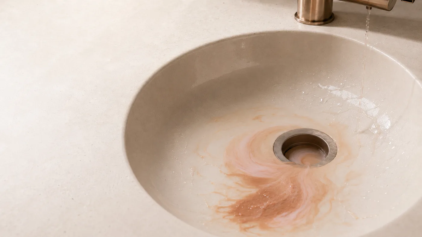 Un reste de coloration part dans l'évier d'un salon, emporté par l'eau.